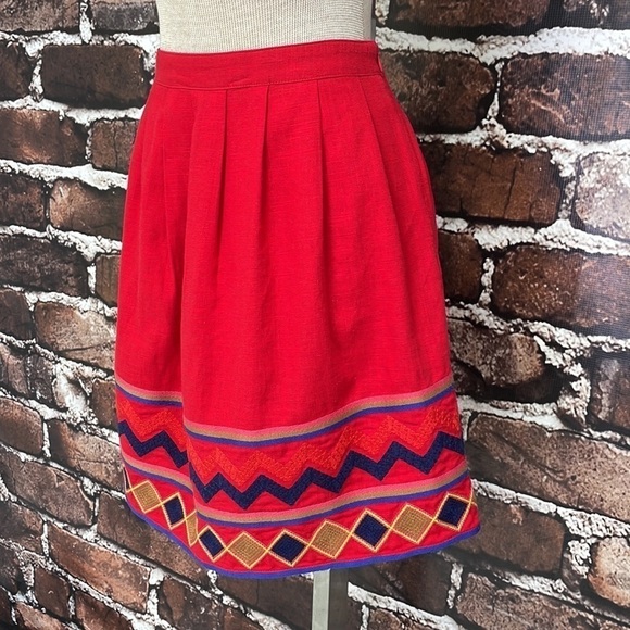 Pomelo Skirt Full Pleats Embroidery Linen Red Size XS - Picture 7 of 12